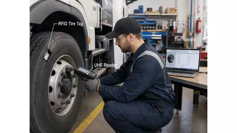 Technician validating an installed RFID tire tag with a UHF handheld reader in a commercial tire service workshop Technician validating an installed RFID tire tag with a UHF handheld reader in a commercial tire service workshop